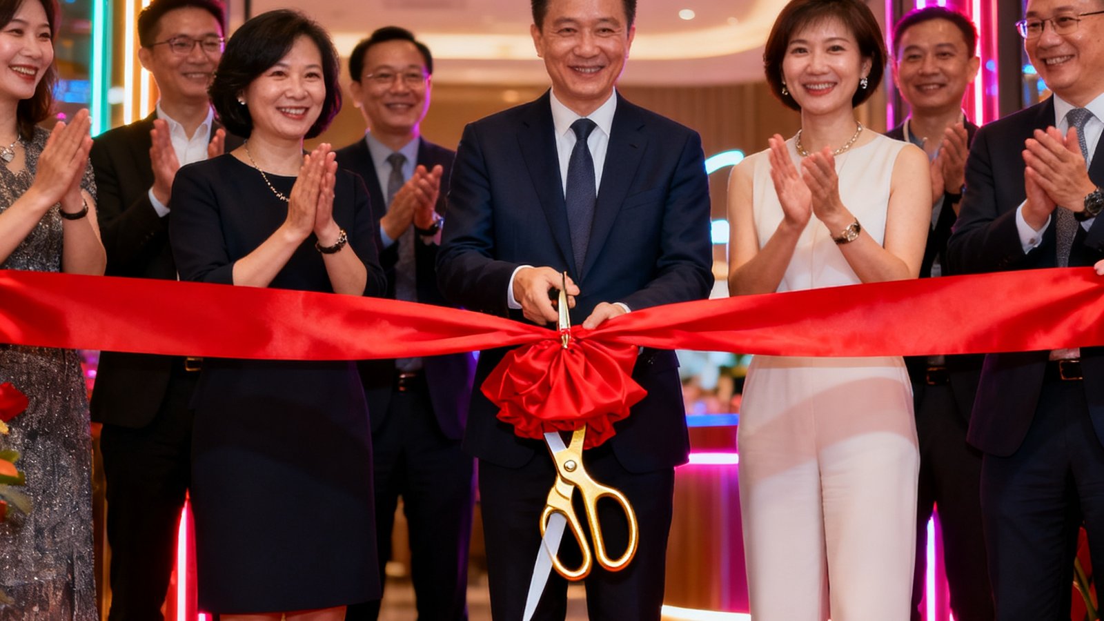深圳南山贵宾厅新店开业剪彩仪式现场，红色绸带与金色剪刀，多位嘉宾在霓虹灯光背景下微笑鼓掌